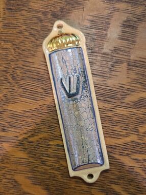Israeli Ceramic Mezuzah Hand Painted in Iridescent Blue/Gold- Includes Scroll